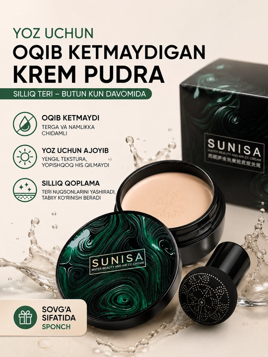 Sunisa Tonal kremi, yuz uchun, kushon suvga chidamli, tabiiy CC-kremi, 20 g