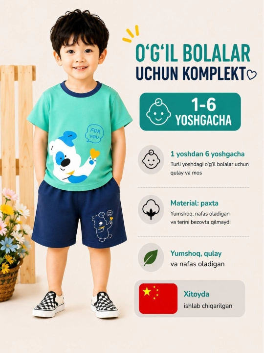 Bolalar uchun komplekt dvoyka, o‘g‘il va qizlar uchun, 1–6 yosh, yumshoq va qulay - 