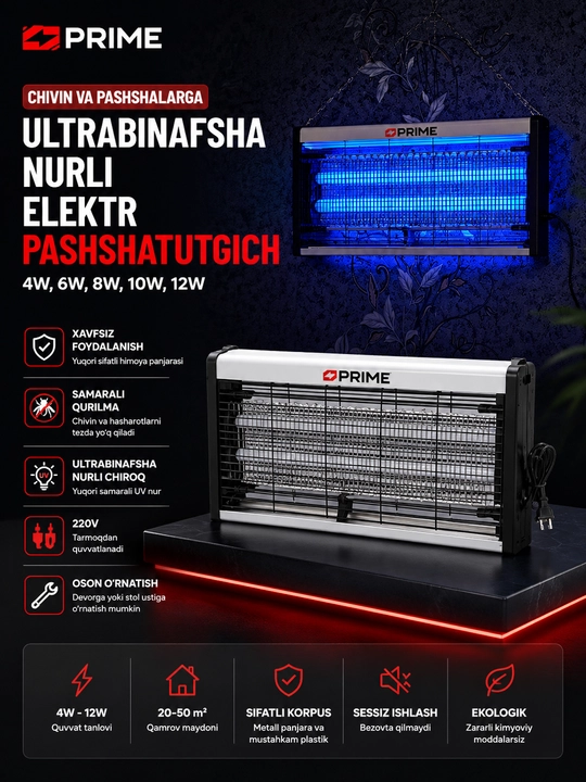 Chivin va pashshalarga qarshi ultrabinafsha nurli PRIME LED 4W, 6W, 8W, 10W, 12W elektr - 