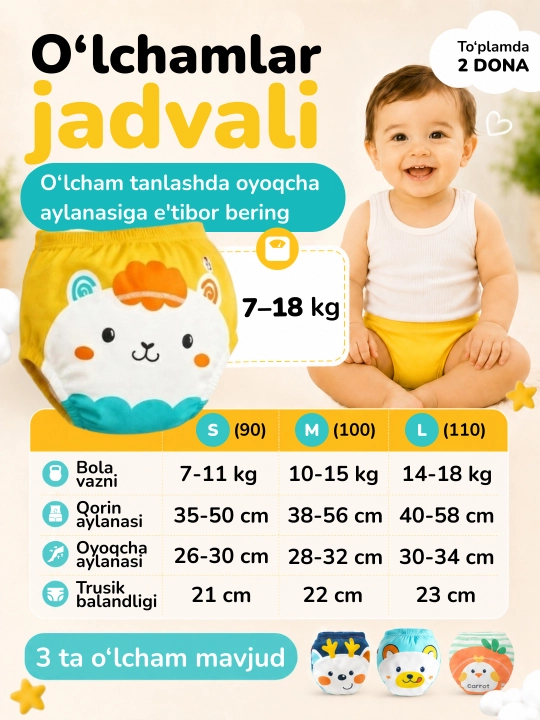 Ko‘p marta ishlatiladigan trusiklar 2 dona chaqaloq uchun  tagliklar tuvakka o‘rgatish