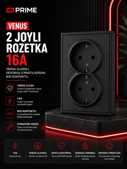 Venus rozetkasi 2 o‘rinli 16A, PRIME yerga ulagichli, qora rangli, ikki tomonlama rozetka - 