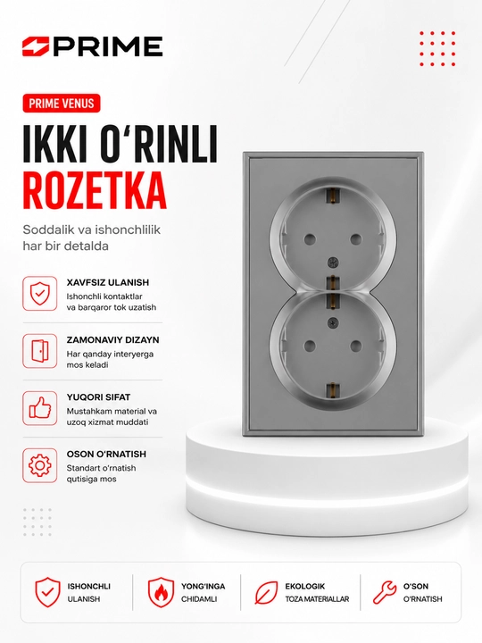 Venus 2 joyli rozetka 16A yerga ulashli kulrang PRIME, devorga o‘rnatiladigan rozetka 220V - 