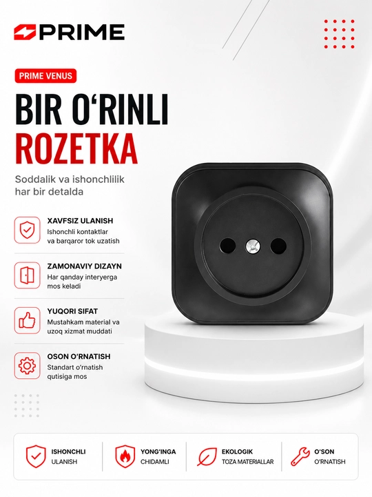 Venus MZ PRIME tashqi bir o‘rinli rozetka 16A qora yerga ulashsiz - 