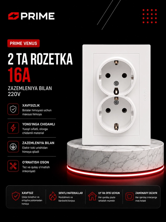 Venus розетка 2‑местная 16А с заземлением PRIME белая, двойная настенная розетка, 220В - 