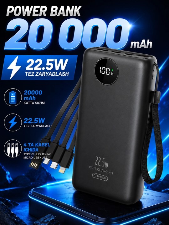 Power Bank 20000 mAh 22.5W, 4 ta kabel, LED displeyli tashqi akkumulyator - 