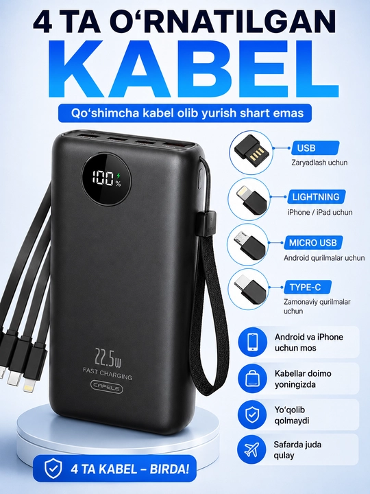 Power Bank 20000 mAh 22.5W, 4 ta kabel, LED displeyli tashqi akkumulyator
