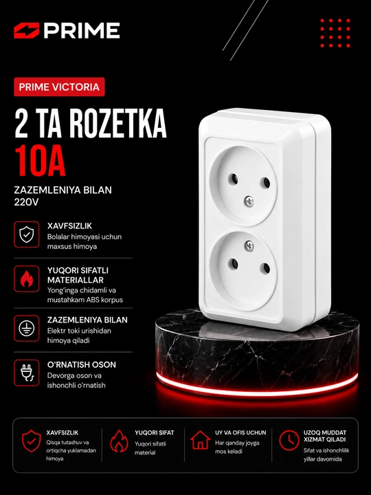 Victoria P2 2 joyli rozetka 10A yerga ulashsiz, devorga o‘rnatiladigan oq, ikki joyli, ABS - 