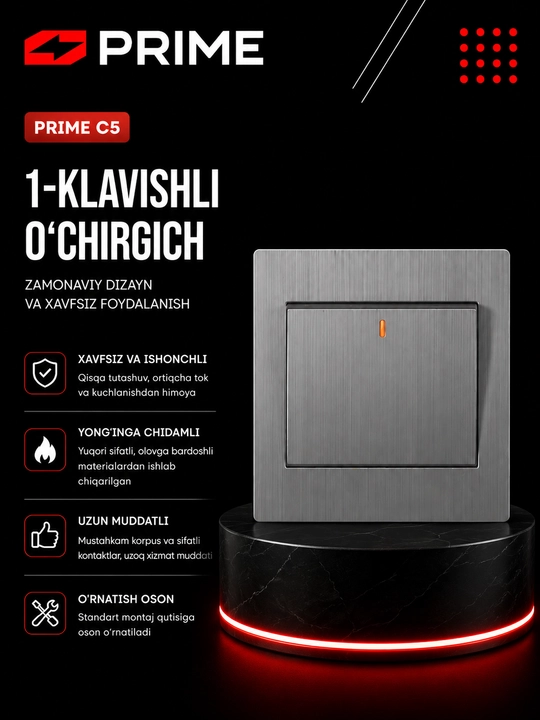 C5 o'chirgich, 1 tugmali, 10A, kulrang, devorga o‘rnatilgan yoritish moduli, PRIME - 