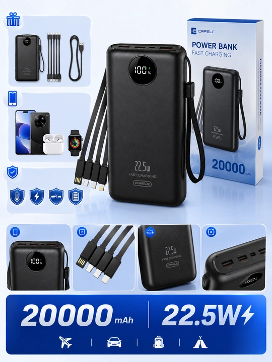 Power Bank 20000 mAh 22.5W, 4 ta kabel, LED displeyli tashqi akkumulyator