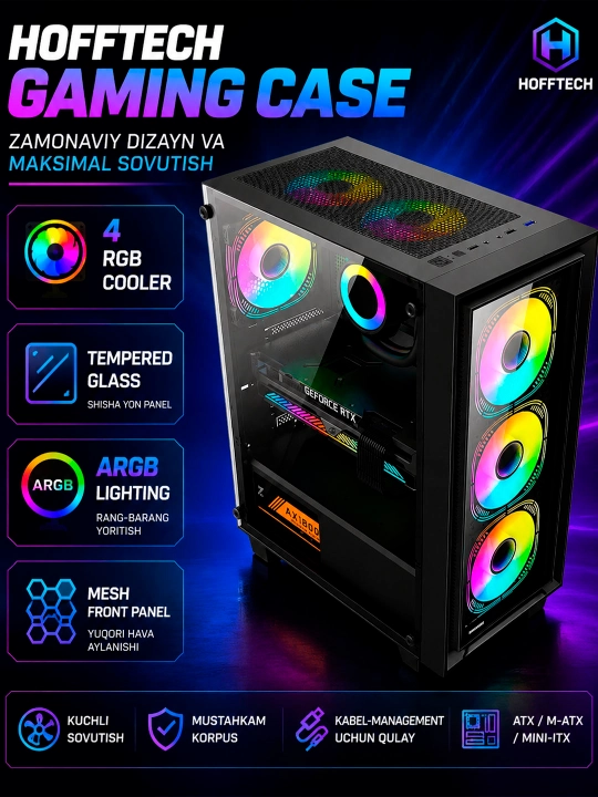 Hofftech Gaming Case 4 RGB Cooler bo'sh korpus o'yin kompyuteri uchun - 