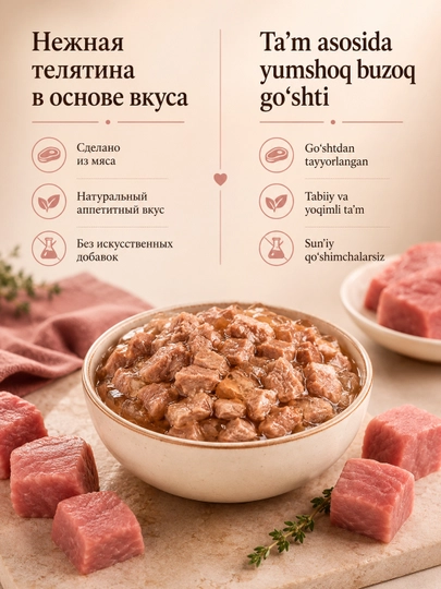 MIR Meat katta mushuklar uchun buzoq go‘shtli jeleli nam yem, 75 g, 28 dona
