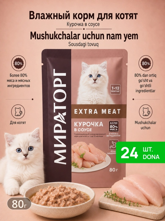 Мираторг Extra Meat влажный корм для котят, с курицей в соусе, 80 г, 24 шт
