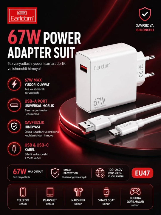 Earldom EU47 67W tezkor zaryadlovchi adapter, USB-A port, USB-C kabel bilan - 