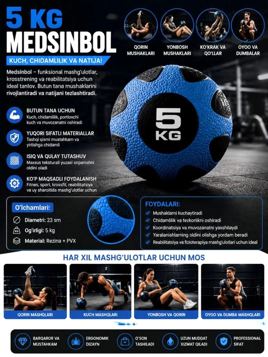Medbol 2-3-4-5 kg, Medsinbol Mashg‘ulot to‘pi - 
