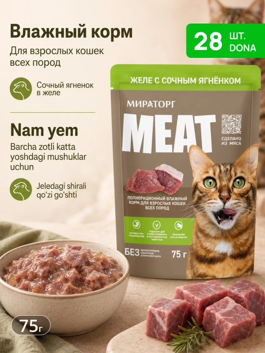 MIR Meat katta mushuklar uchun qo‘zi go‘shtli jeleli nam yem, 75 g, 28 dona