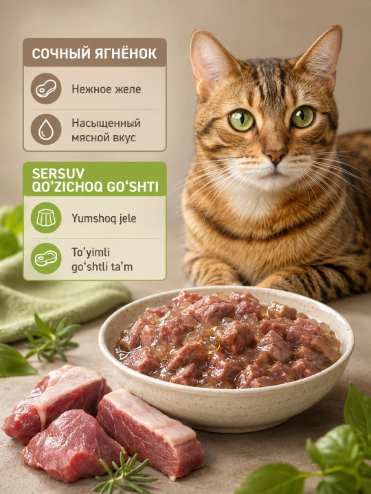 MIR Meat katta mushuklar uchun qo‘zi go‘shtli jeleli nam yem, 75 g, 28 dona