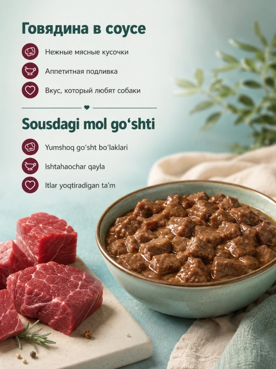 MIR Miradog katta itlar uchun mol go‘shtli sousli nam yem, 75 g, 28 dona
