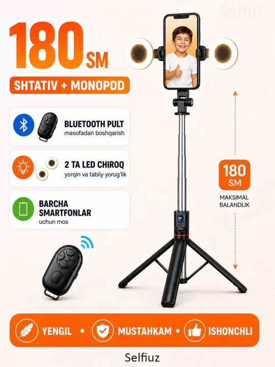 Telefon uchun shtativ, selfi uchun monopodi, Bluetooth pulti va chiroqlari bilan, 180 sm - 