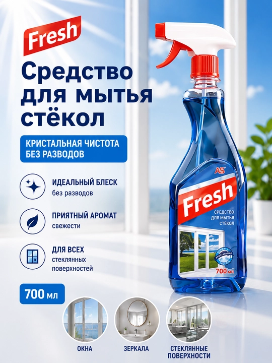 Fresh oyna yuvish vositasi, 700 ml, oyna va oynalar uchun spray, tirqishsiz - 