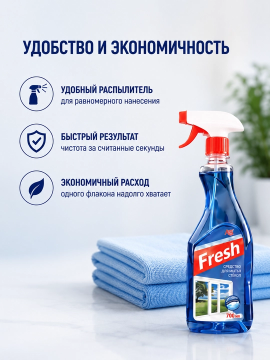 Fresh oyna yuvish vositasi, 700 ml, oyna va oynalar uchun spray, tirqishsiz