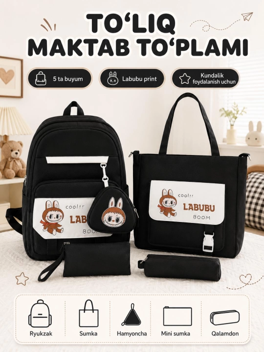 Maktab ryukzagi to‘plami, sumka, hamyon va qalamdon bilan