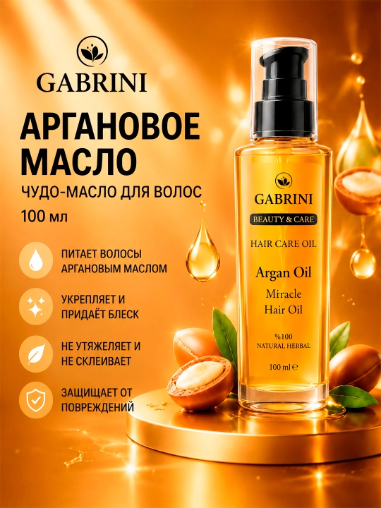 Argan yog'i, GABRINI, sochlarning porlashi va yumshoqligi uchun, 100 ml - 