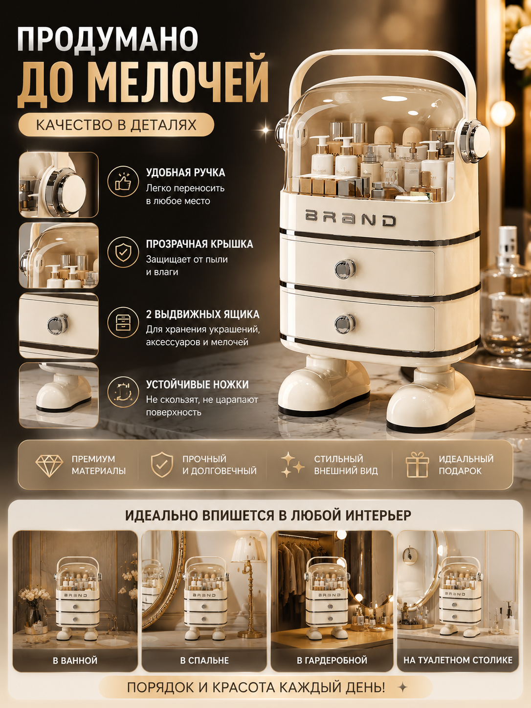 Органайзер для косметики с 2 ящиками и прозрачной крышкой, для парфюмерии и аксессуаров