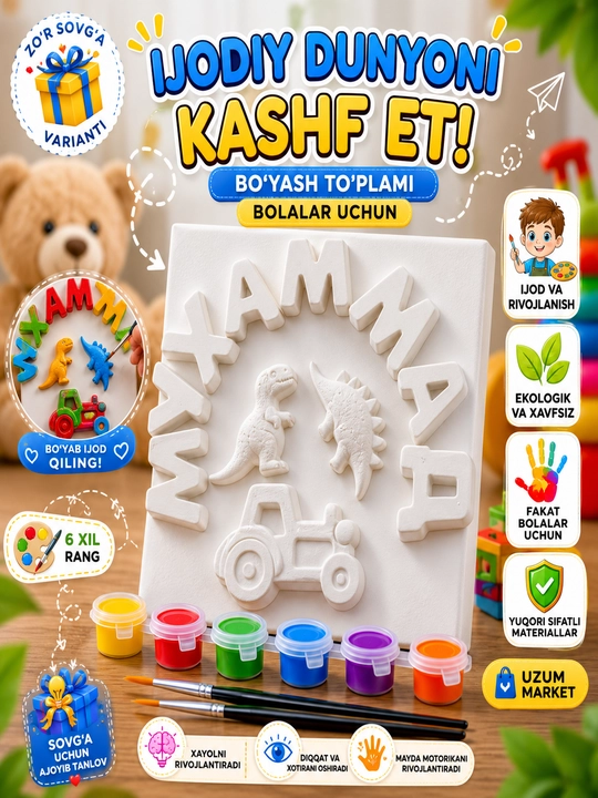 Gipsli raskraska ismli, 9 figura, Bolalar sovg'asi, Bo'yoq to'plam, 3-10 yosh