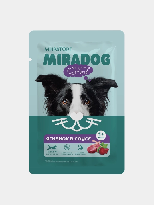 MIR Miradog katta itlar uchun qo‘zi go‘shtli sousli nam yem, 75 g, 28 dona