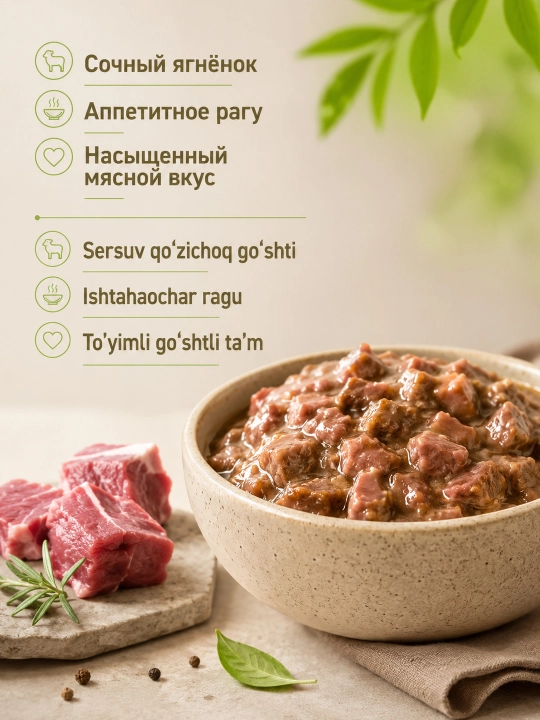 MIR Meat katta itlar uchun qo‘zi go‘shtli raguli nam yem, 80 g, 5 dona