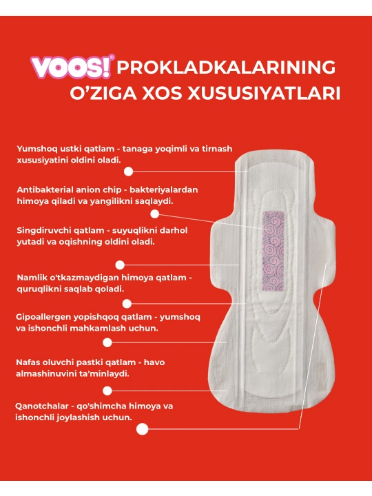 Prokladka VOOS XL organik, innovatsion anion chipli gigiyenik prokladkalar
