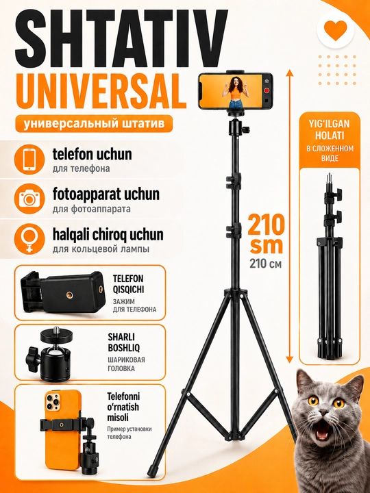 Shtativ telefon uchun, kamera, fotoaparat, softbox - 
