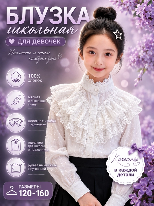Qizlar uchun maktab bluzkasi 120-160, 3 xil model - 