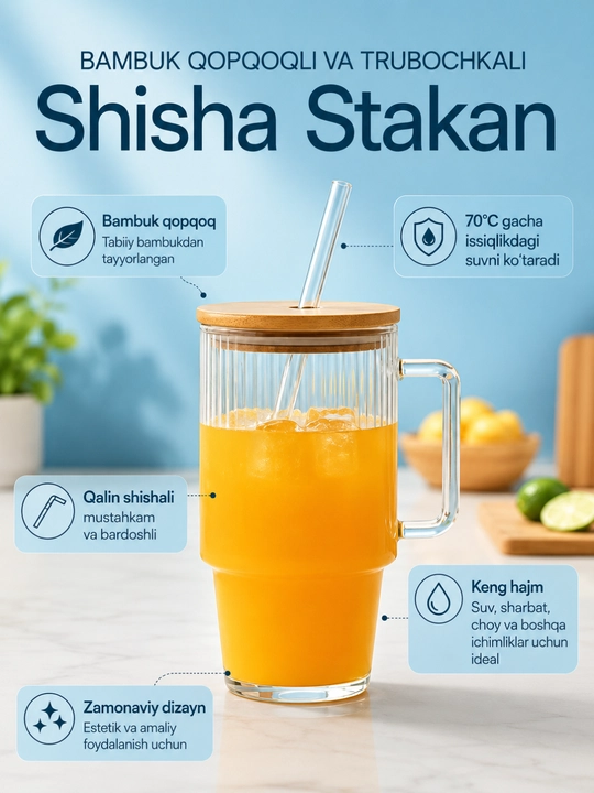 Bambuk qopqoqli va naychali shisha stakan, 650 ml