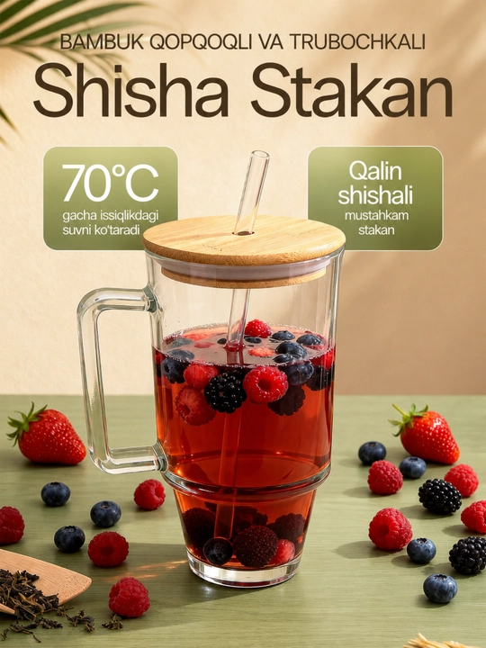 Bambuk qopqoqli va naychali shisha stakan, 650 ml - 
