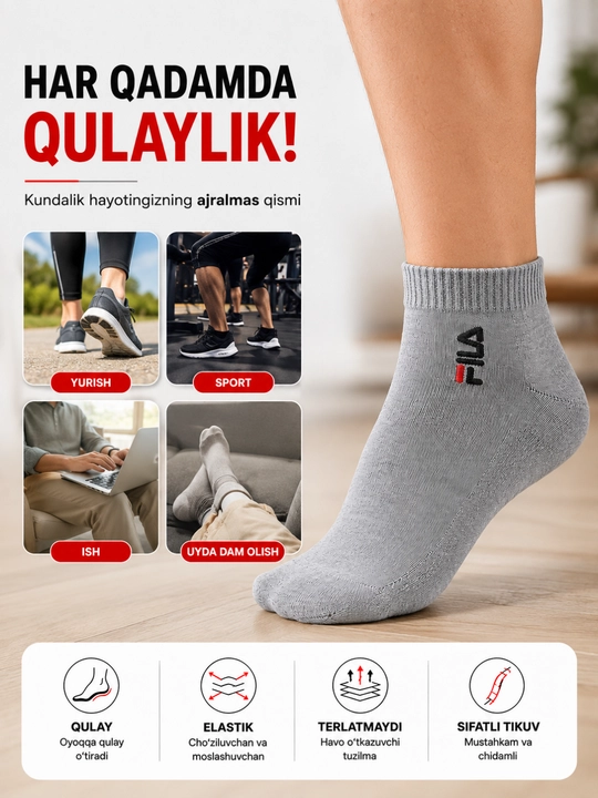 Erkaklar uchun qisqa sport paypoqlari FILA uslubida, yumshoq va qulay kundalik paypoq