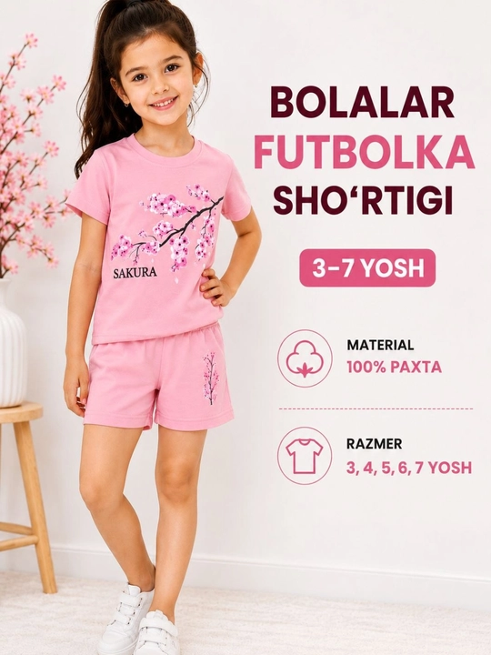 Bolalar kamplekti, Qiz bolalar uchun futbolka-shortilar, razmer 3-4-5-6-7 yosh