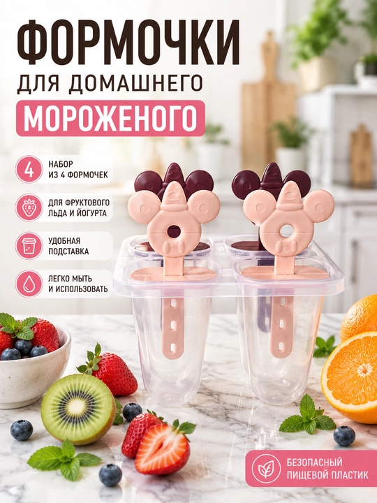 Набор красивых формочек для мороженого с палочкой, 4 штук