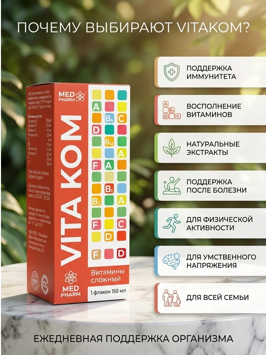 Vitakom vitaminli qiyomi, immunitetni mustahkamlovchi, quvvat beruvchi, tiklovchi, bolalar va kattalar uchun