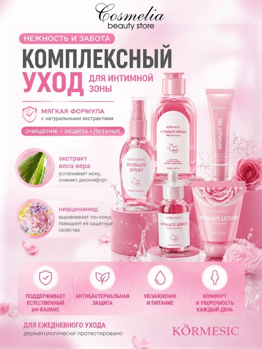 Набор для интимной гигиены 5 в 1. Гель + спрей + сыворотка + лосьон