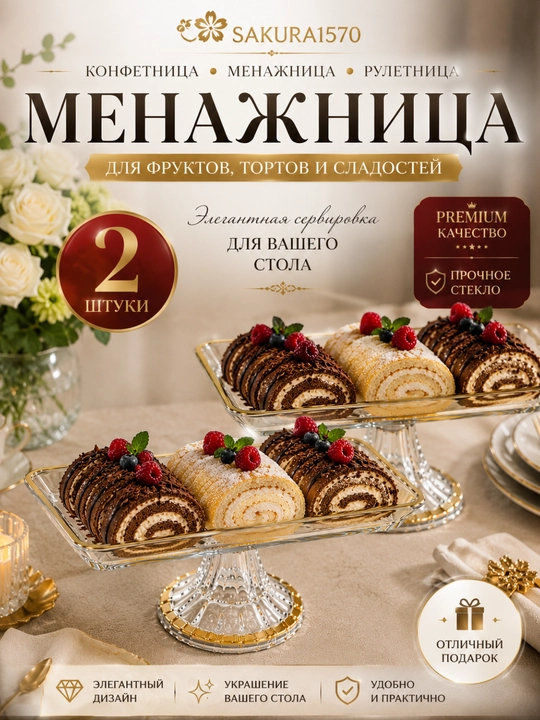 Менажница стеклянная на ножке, конфетница, рулетница для торта, фруктов и сладостей - 