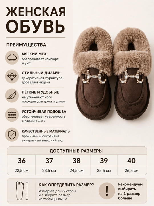 Женские меховые тапочки-угги с декором — тёплые замшевые домашние тапочки 36–40 - 