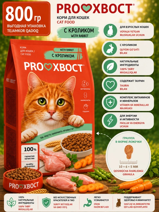 ProХвост mushuklar uchun quruq yem, quyonli 800 gr - 
