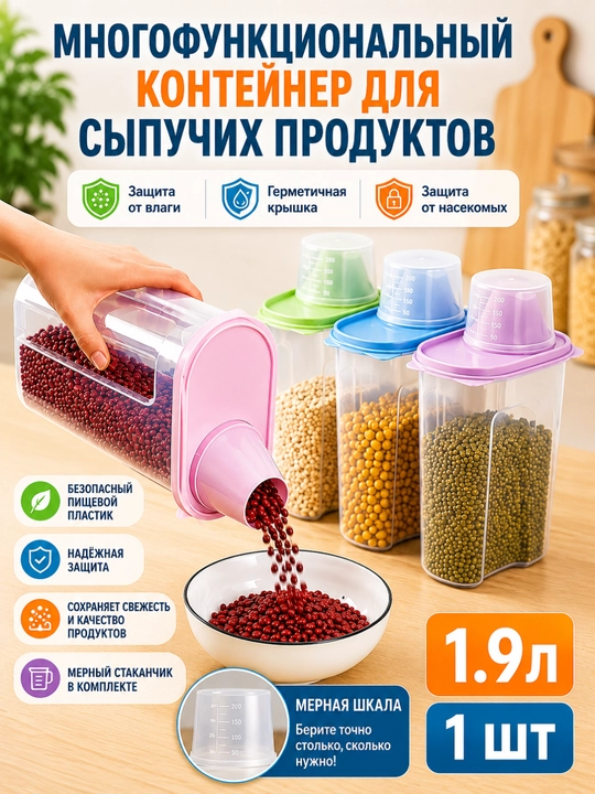 Герметичный контейнер для круп 1.9 л / 2.5 л с мерным стаканом