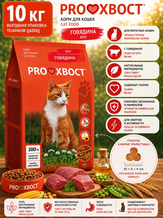 ProXвост сухой корм для кошек, говядина 10 кг - 