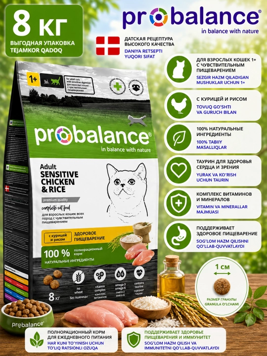 ProBalance Sensitive сухой корм для кошек с курицей и рисом 8 кг - 
