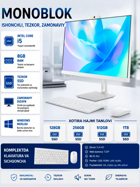 Monoblok 24 dyum, Full HD,  core i5, 8GB RAM, SSD 1TB Windows 10, klaviatura + sichqoncha - 