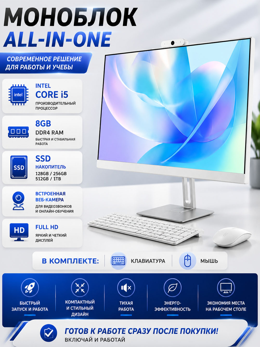 Моноблок , 24 дюйма, Full HD, i5, 8 ГБ RAM, SSD 1024 ГБ Windows 10, клавиатура + мышь