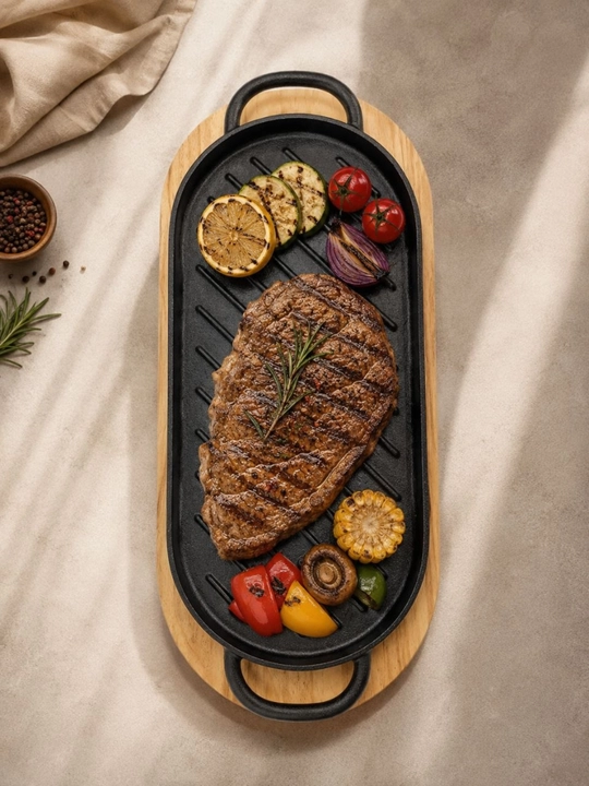 Barbekyu va gril uchun yog‘och taglikli 42×22 sm o‘lchamli cho‘yan gril-tova