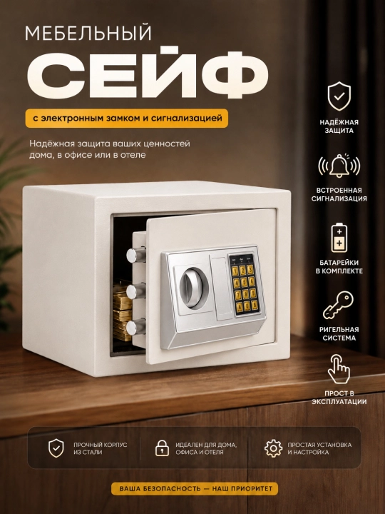 Сейф с электронным кодом и ключом, 31 x 20 x 20 см, металлический, для дома и офиса - 